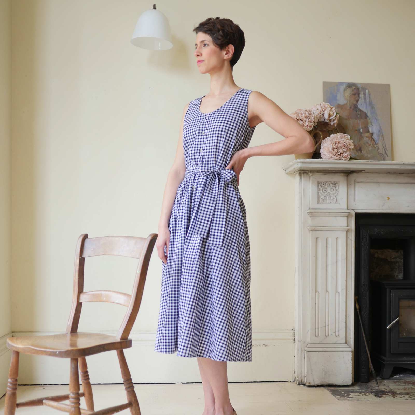 Belted Sun Dress - Navy Gingham