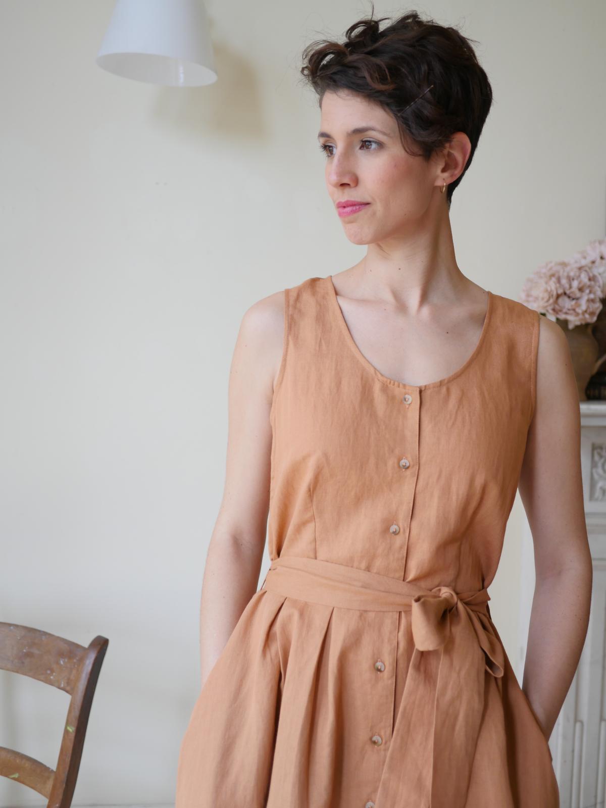 Belted Sun Dress with buttons and a tie waist - Clay