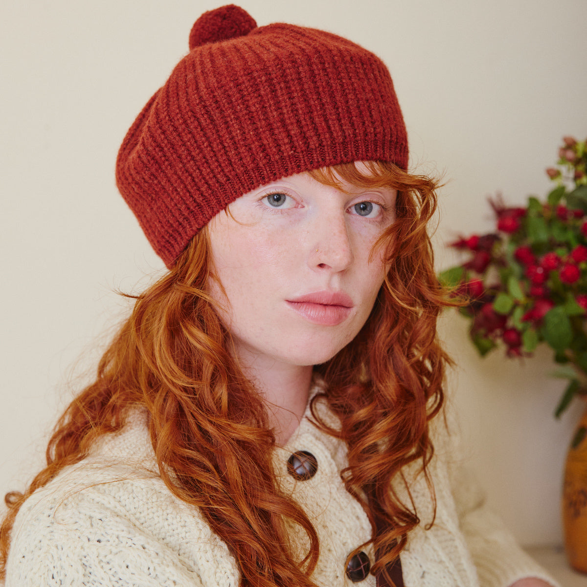 Ribbed Beret with Pom Pom - Sienna