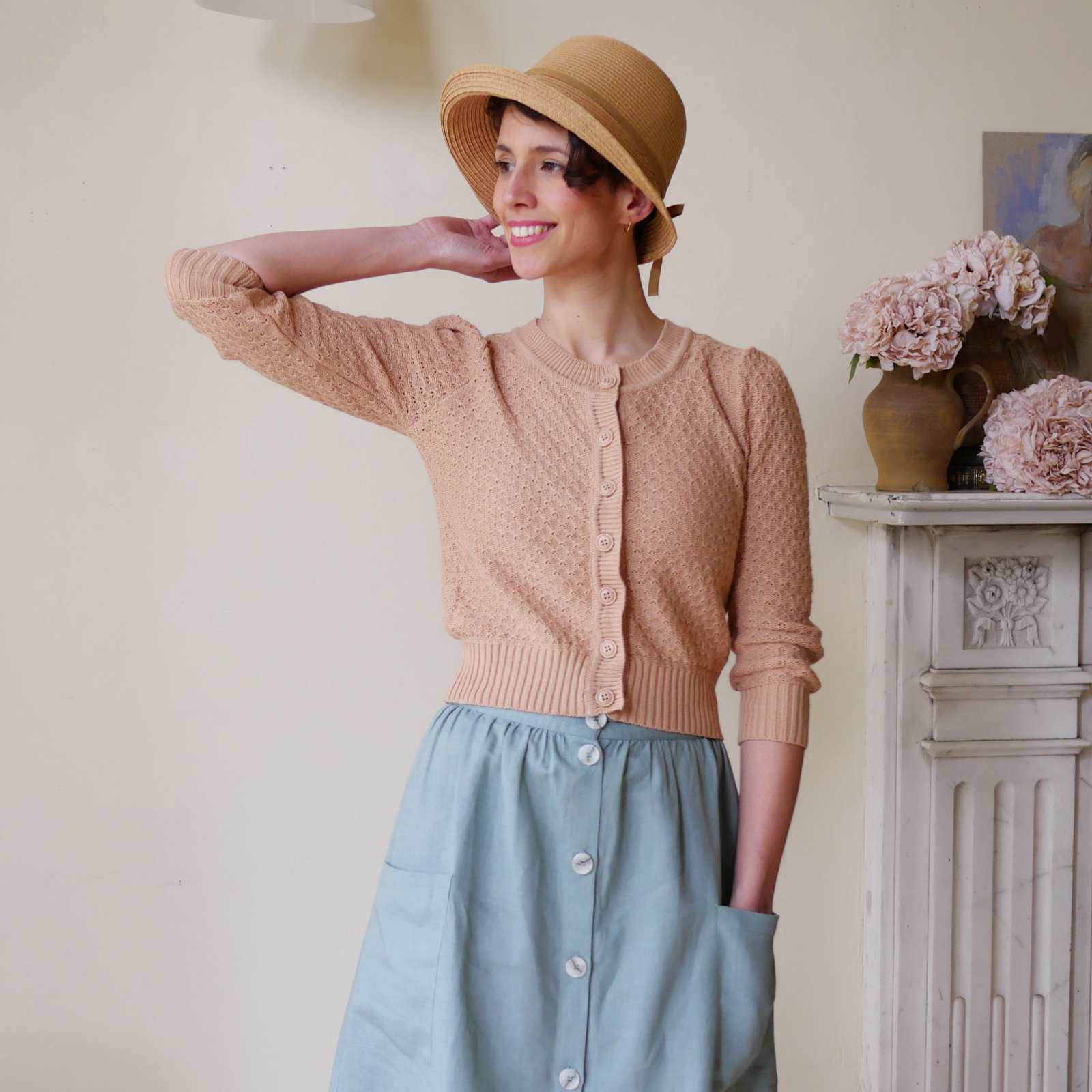 High Waisted Button Skirt with pockets - Duck Egg