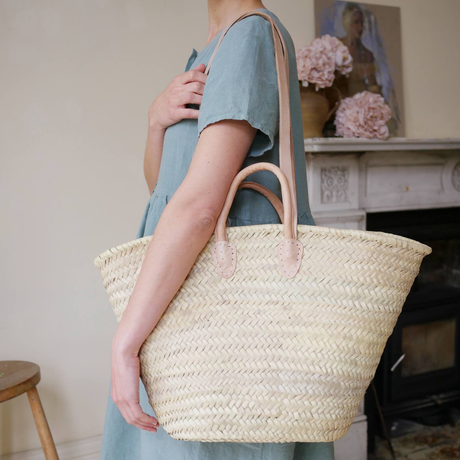 Leather Double Handle Shopping Basket