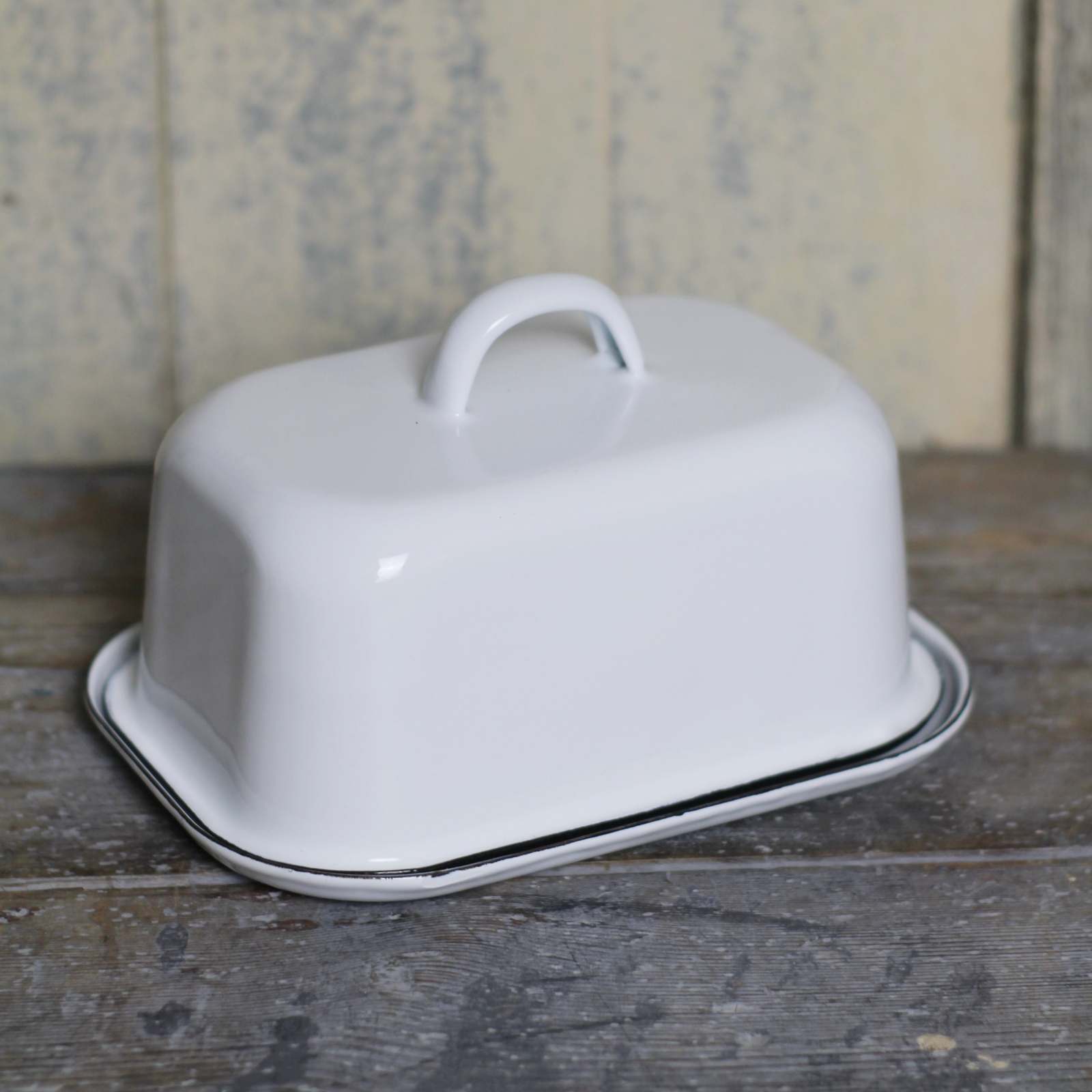 White Enamel Butter Dish with Navy Blue rim