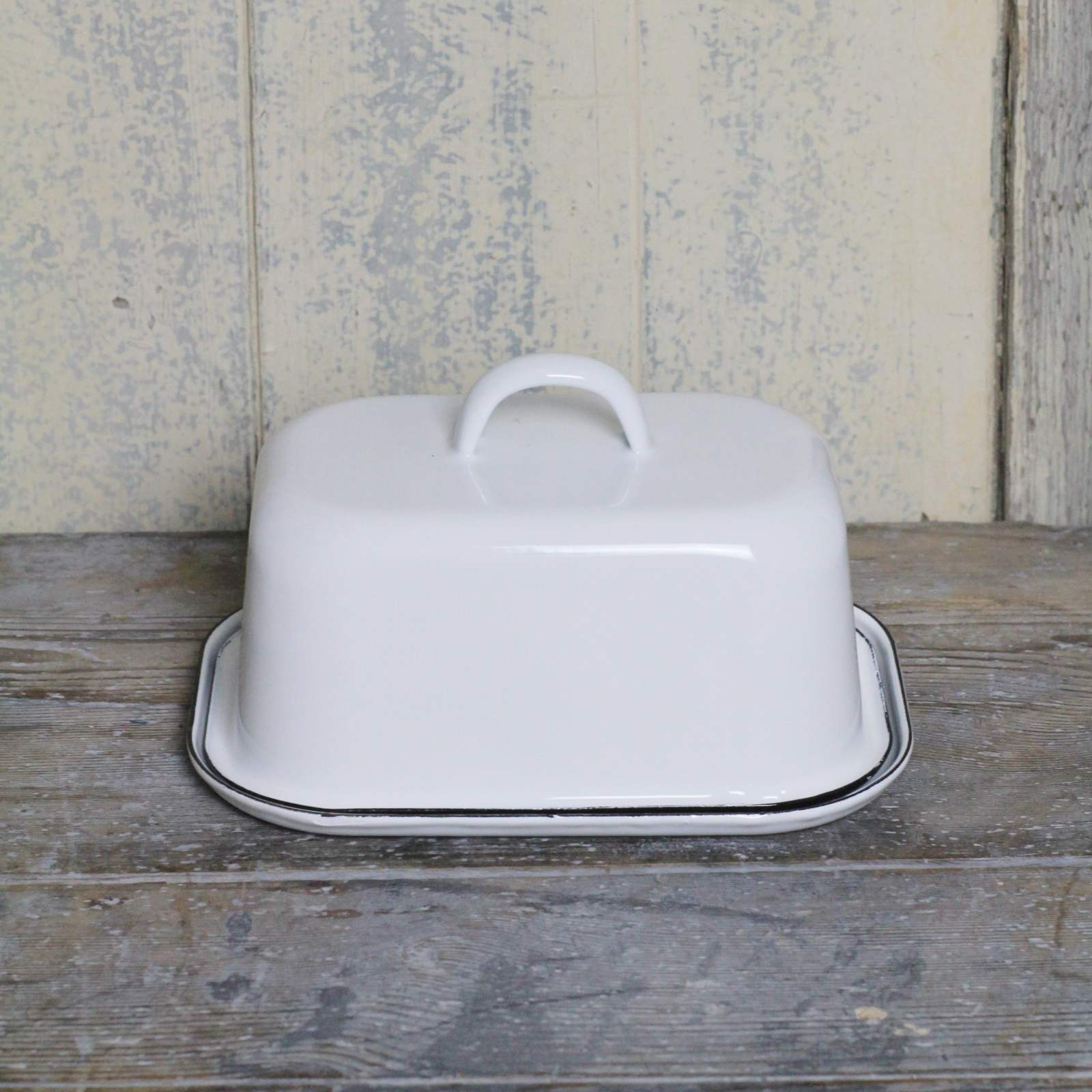 White Enamel Butter Dish with Navy Blue rim