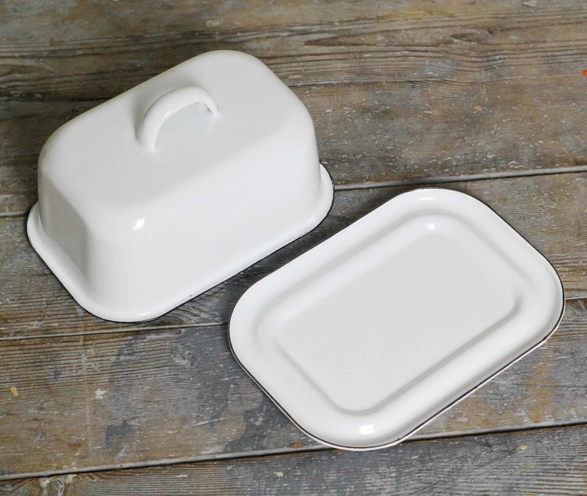 White Enamel Butter Dish with Navy Blue rim