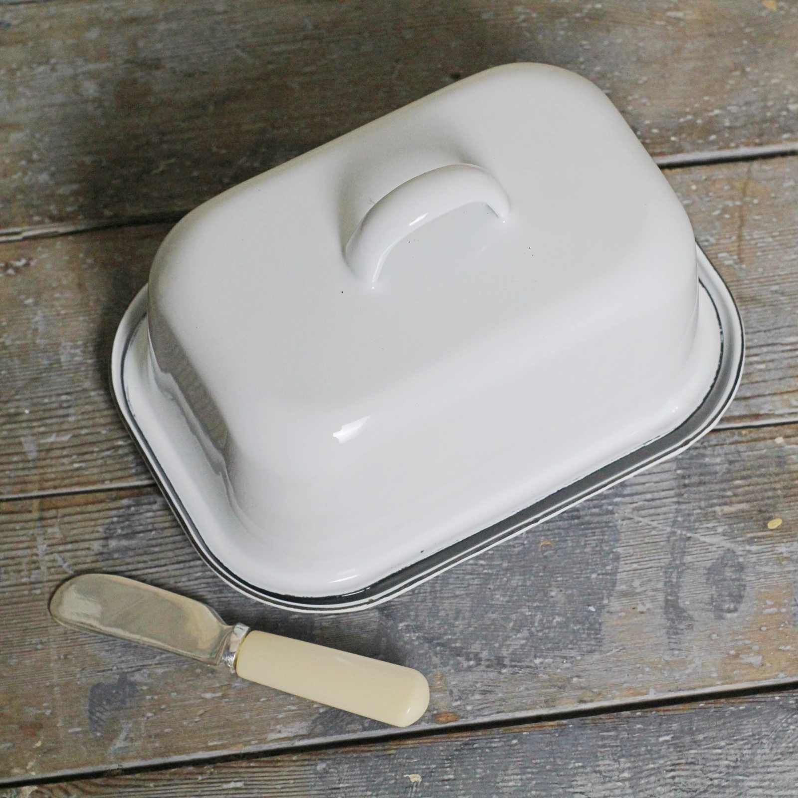 White Enamel Butter Dish with Navy Blue rim