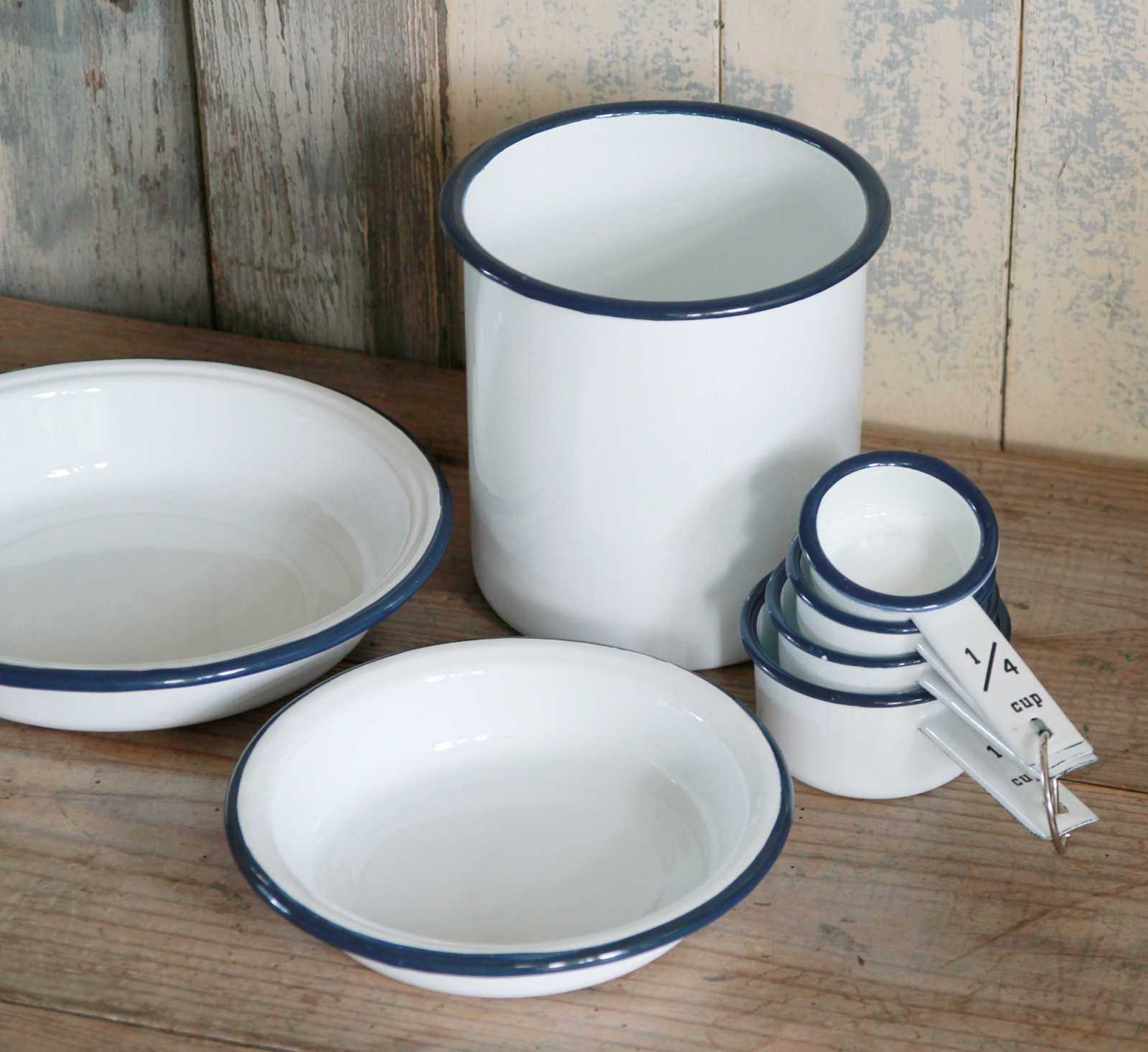 White and blue enamel kitchenware