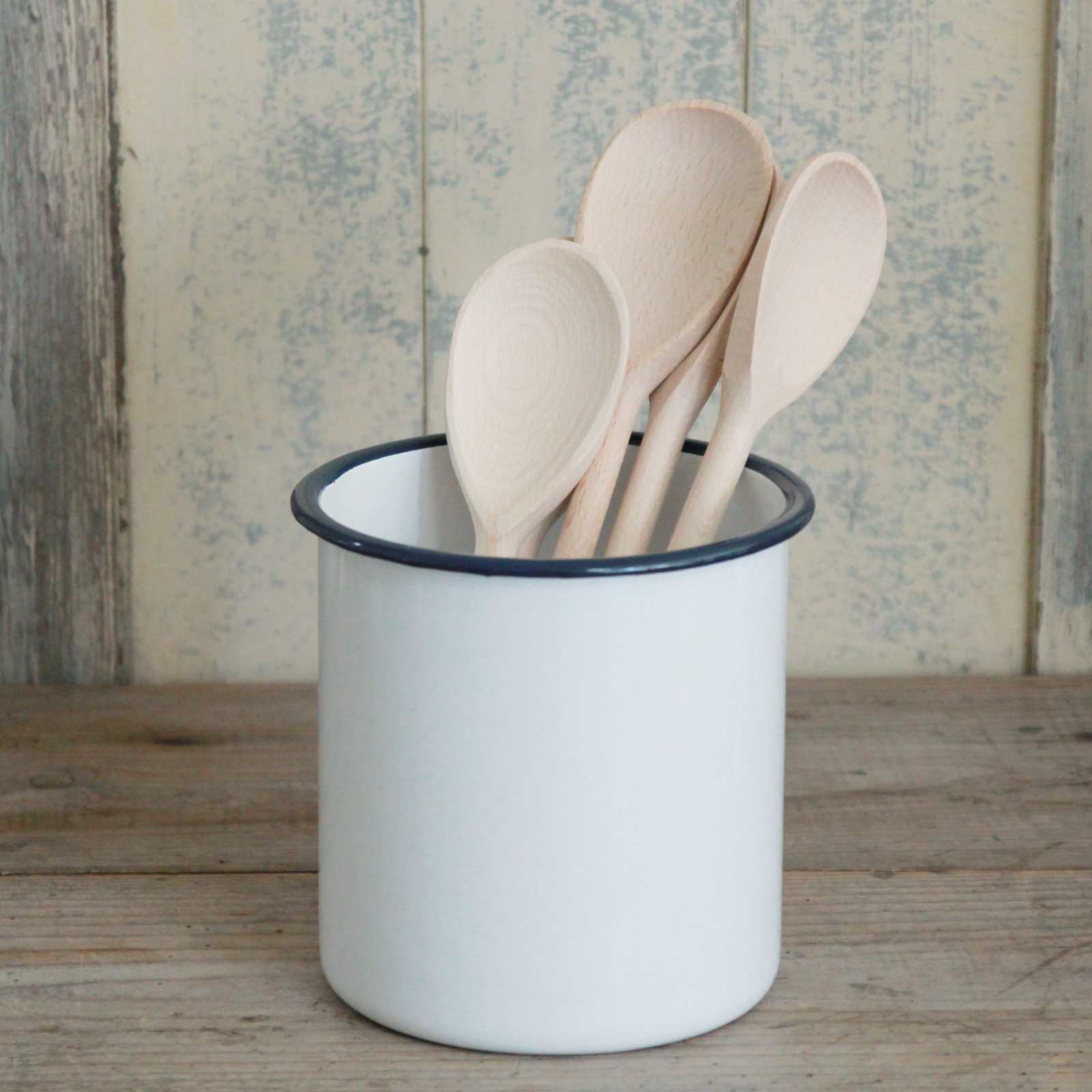 White Enamel Utensil Holder with navy blue rim