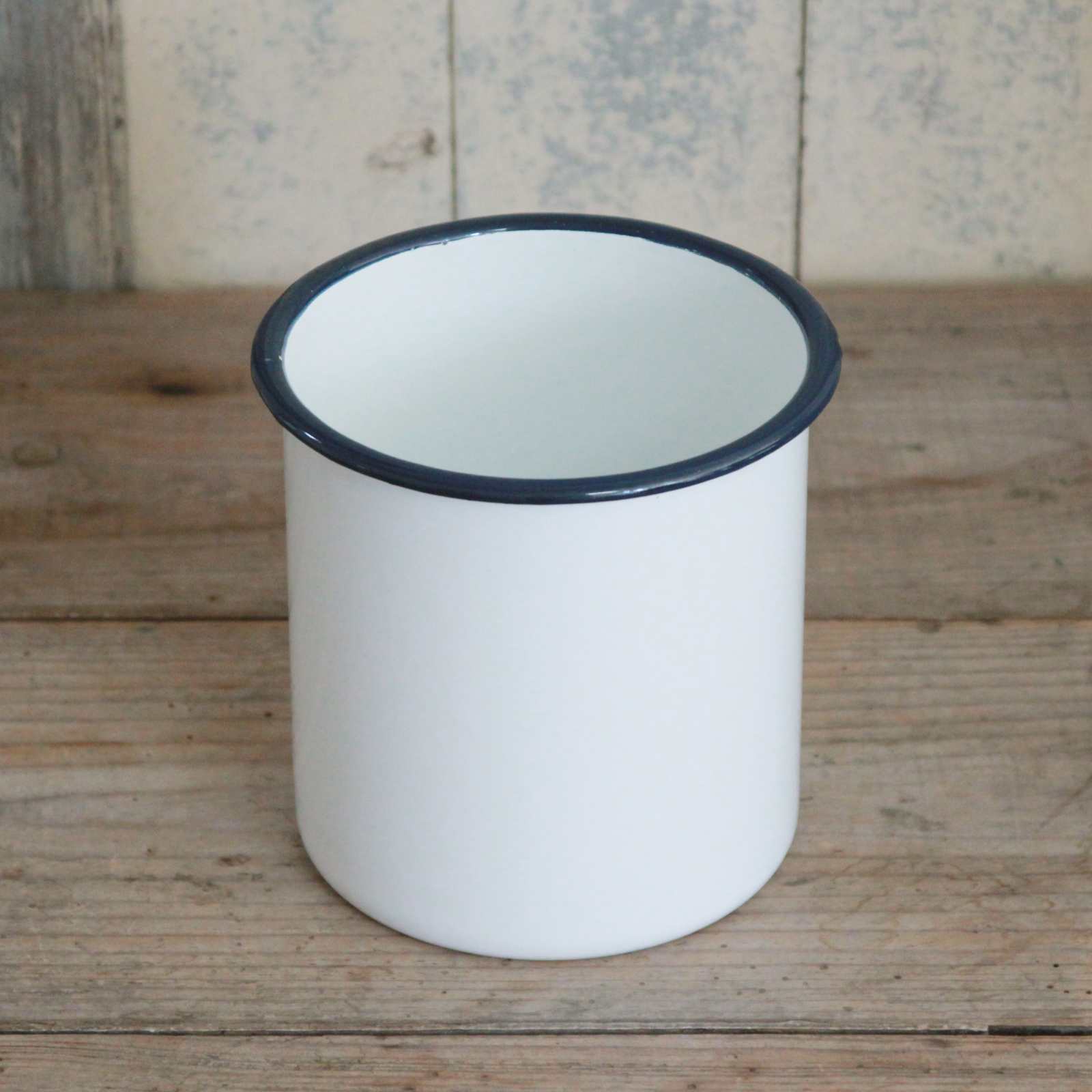 White Enamel Utensil Holder with navy blue rim