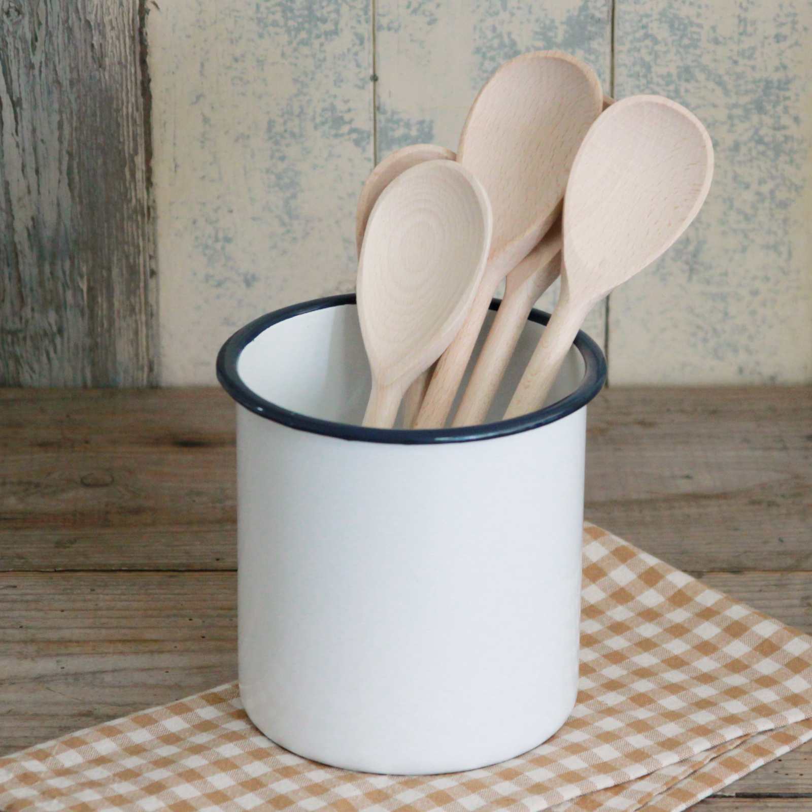 White Enamel Utensil Holder with navy blue rim