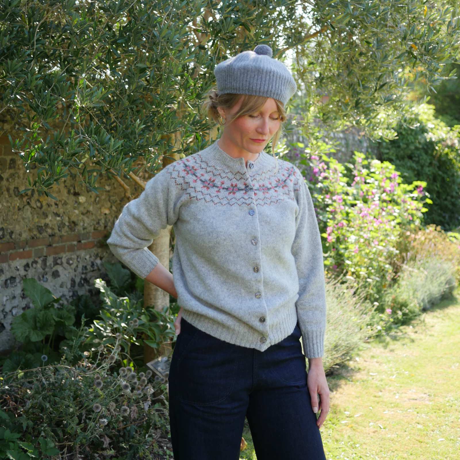 Ribbed Beret with Pom Pom - Grey