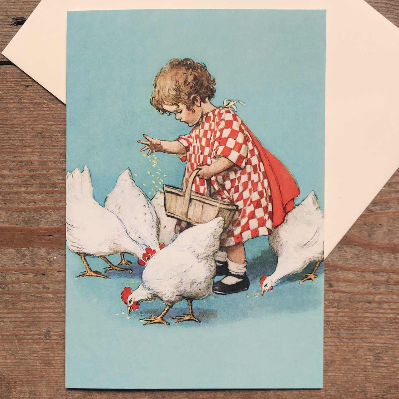 Feeding the Chickens - Vintage Greeting Card