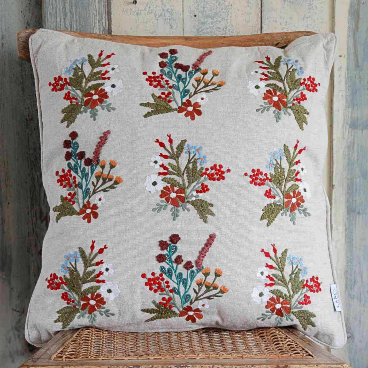 Floral Embroidered Cushion - Natural