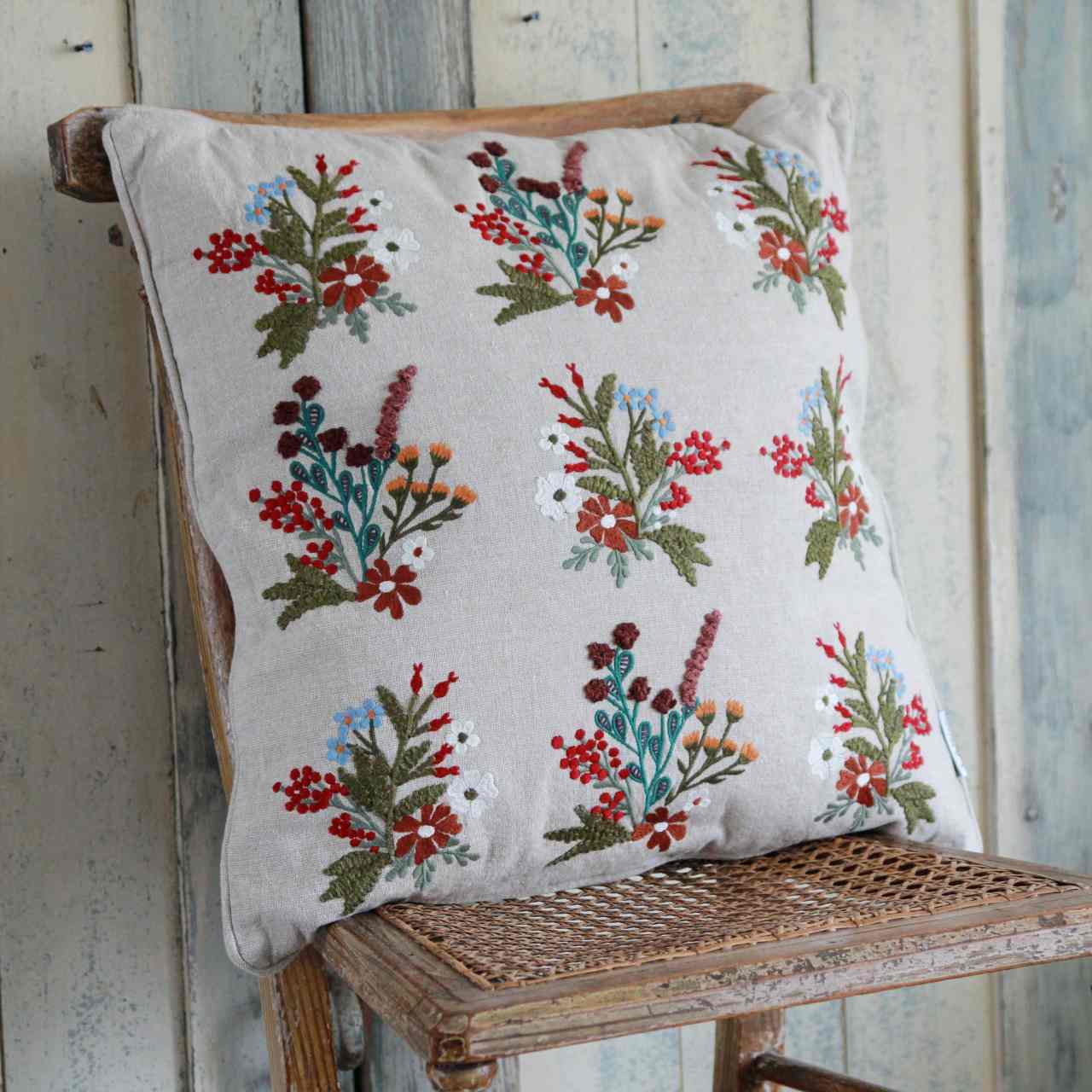 Floral Embroidered Cushion - Natural