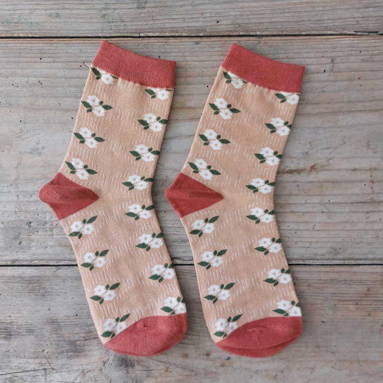 Peach Floral Cotton Socks for women