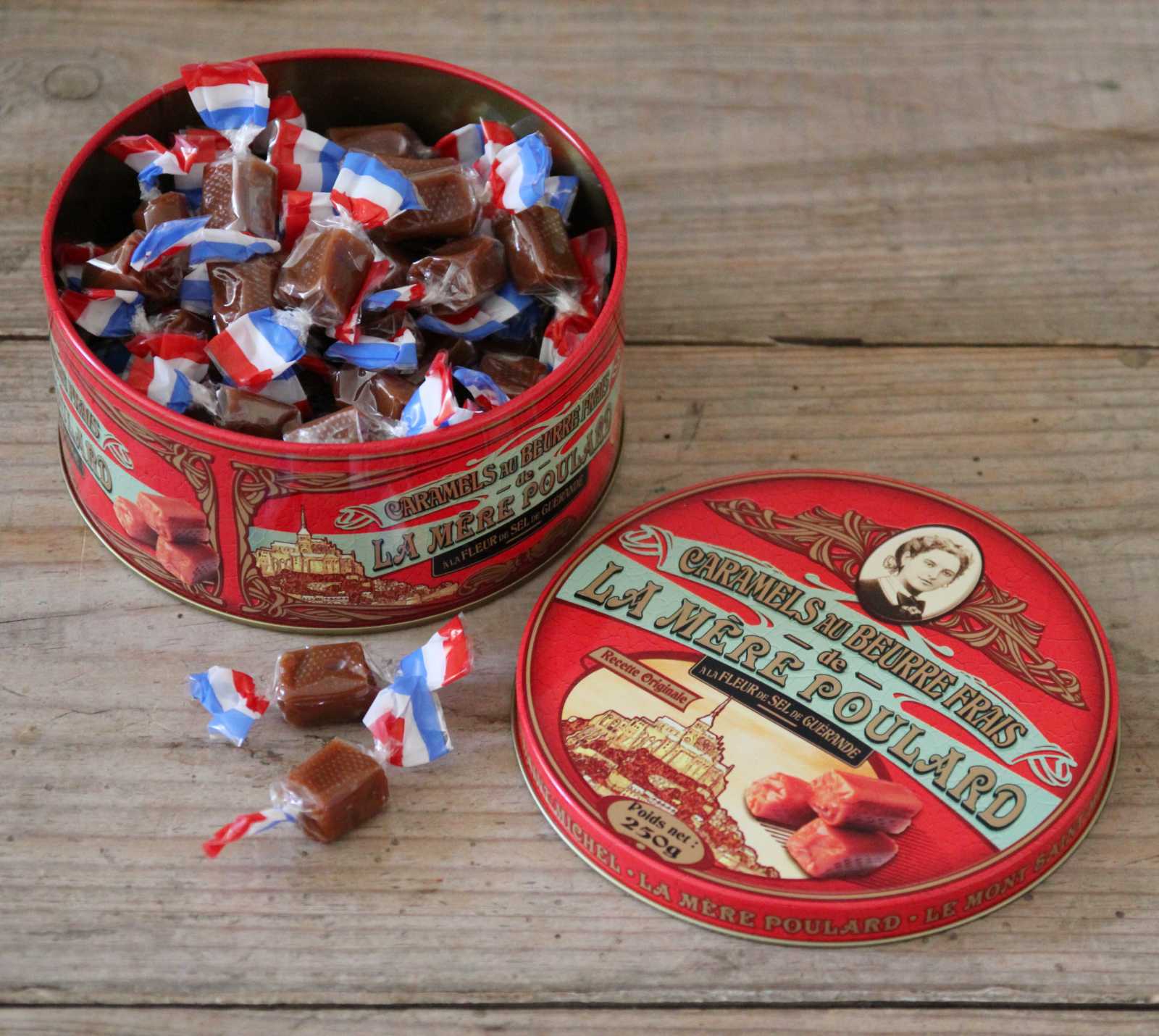 Tin of Salted Caramels  A beautiful French tin containing individually wrapped caramel made with butter and fleur de sel. A lovely gift.