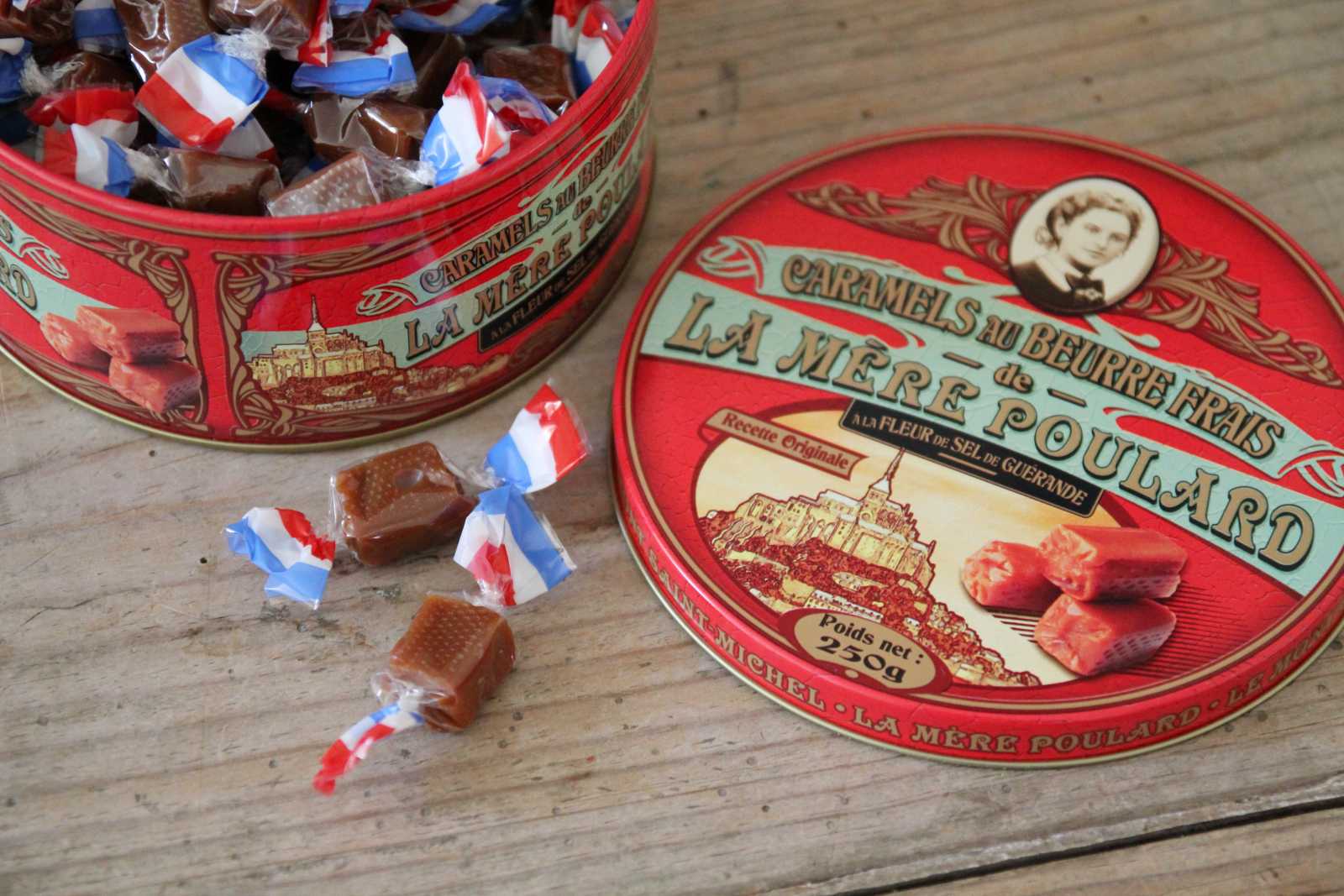 Tin of Salted Caramels  A beautiful French tin containing individually wrapped caramel made with butter and fleur de sel. A lovely gift.