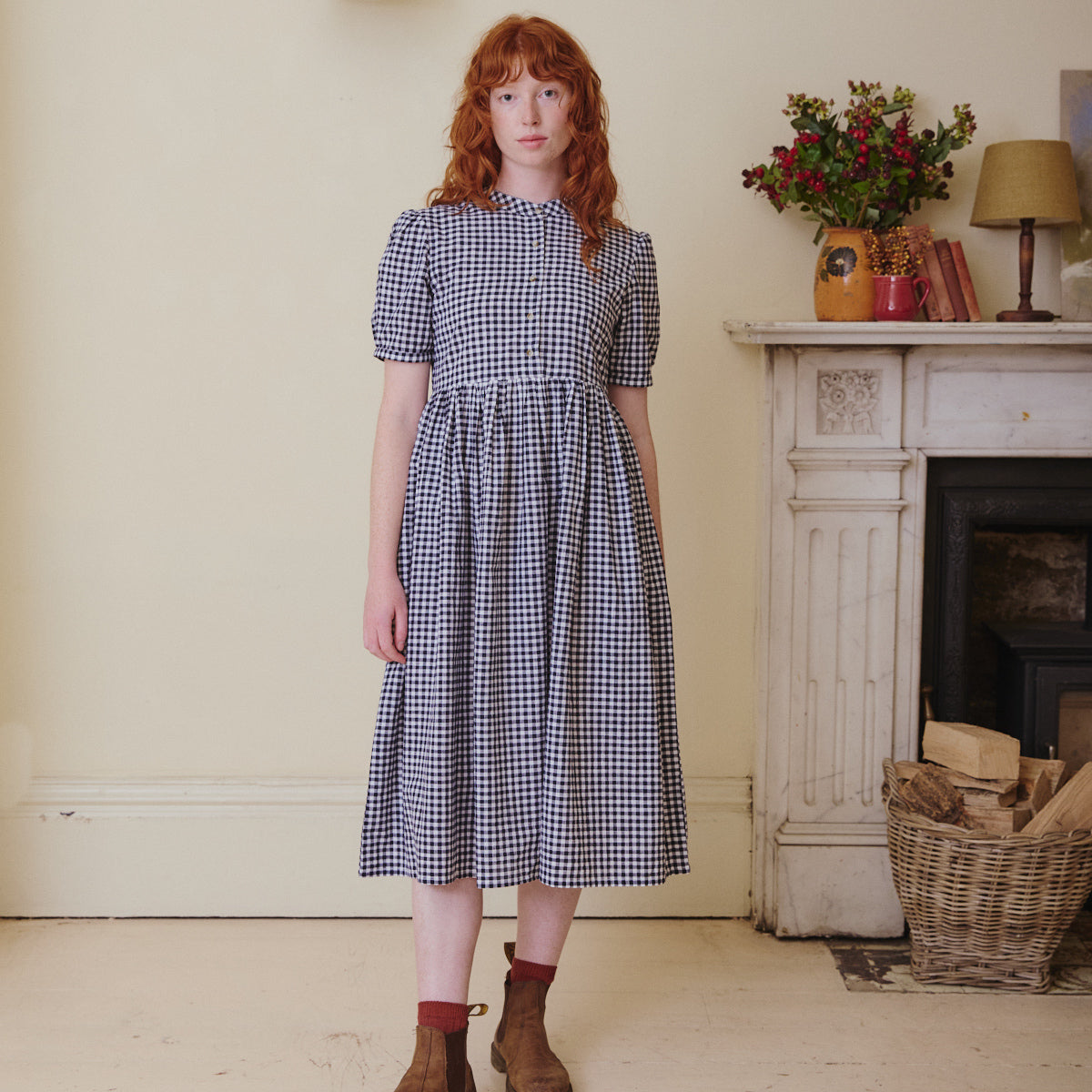 Collarless Dress - Navy Gingham