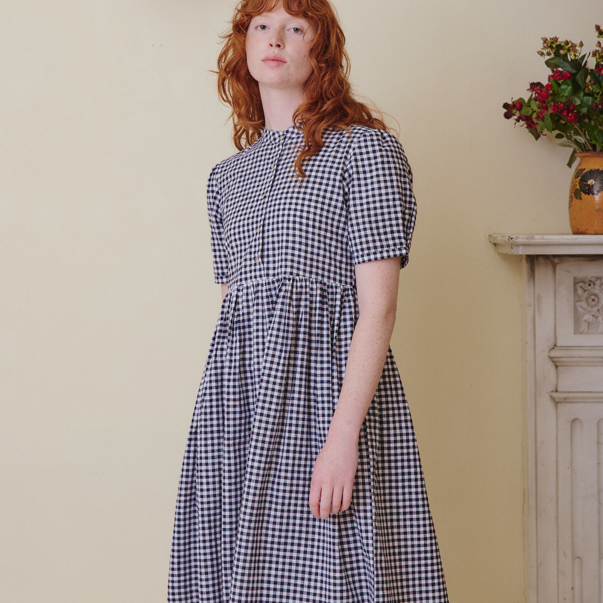 Collarless Dress - Navy Gingham