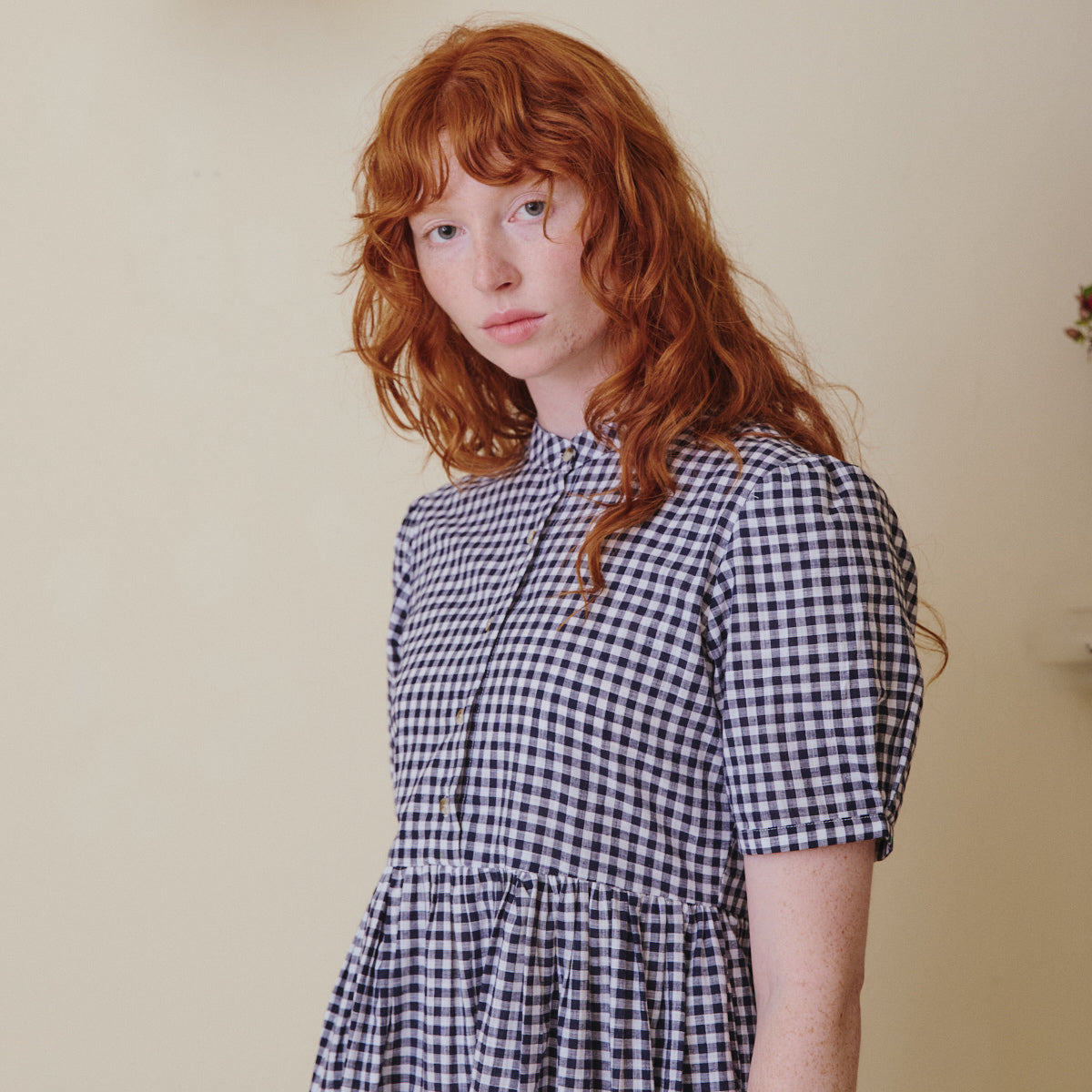 Collarless Dress - Navy Gingham