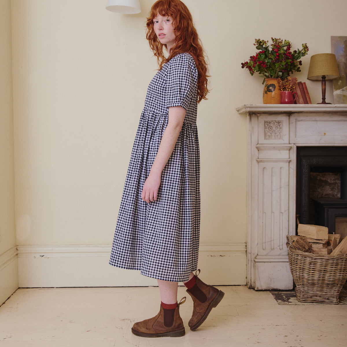 Collarless Dress - Navy Gingham