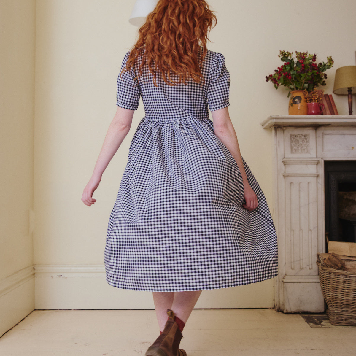 Collarless Dress - Navy Gingham