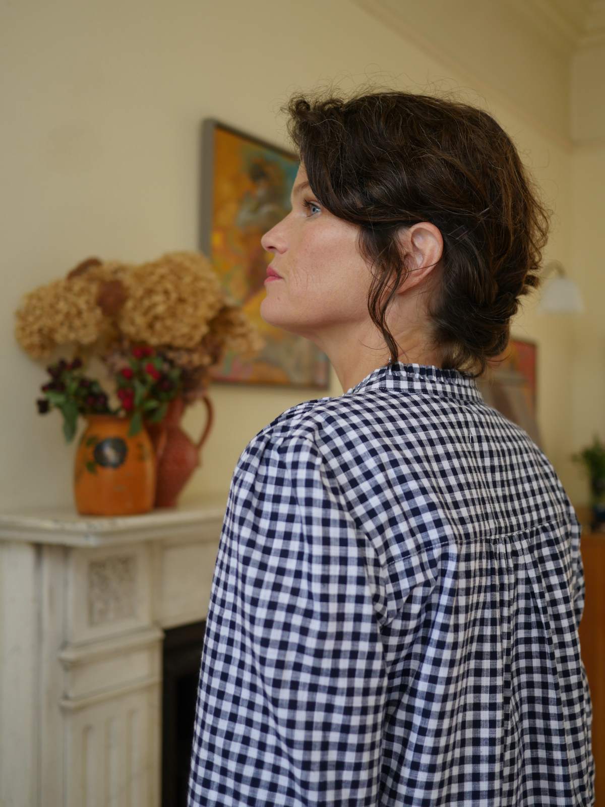 Collarless Cotton Blouse - Navy Gingham