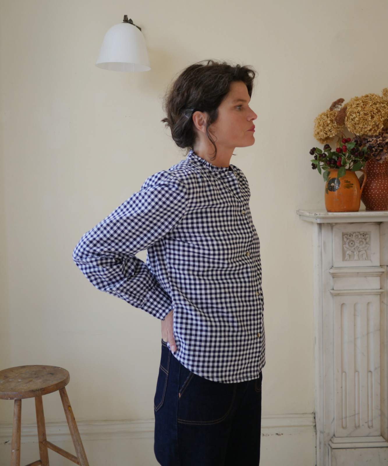 Collarless Cotton Blouse - Navy Gingham