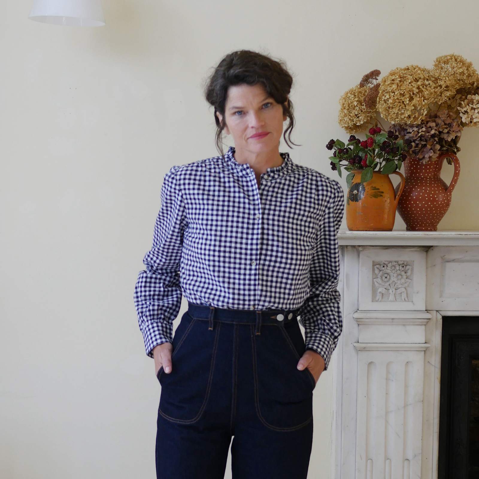 Collarless Cotton Blouse - Navy Gingham