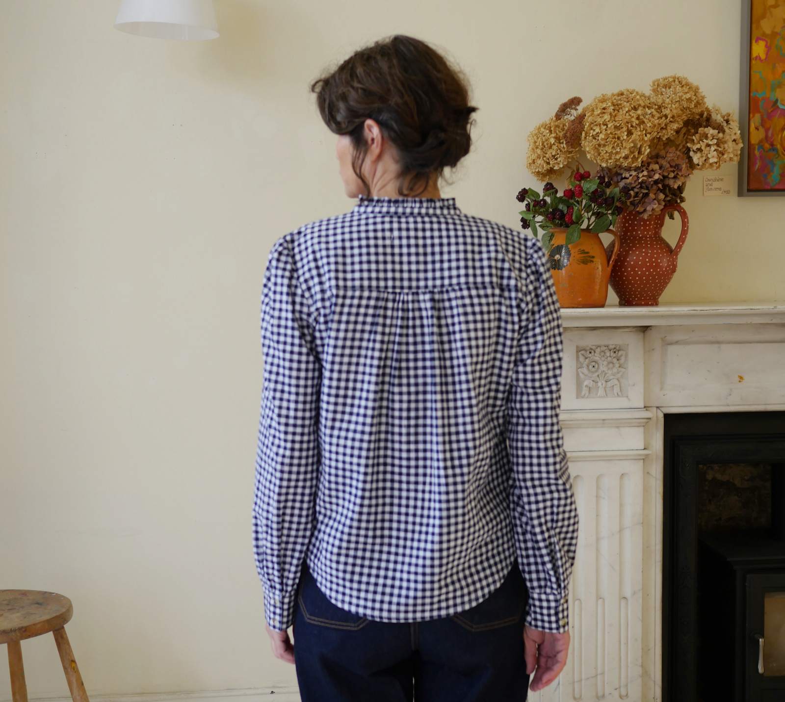 Collarless Cotton Blouse - Navy Gingham