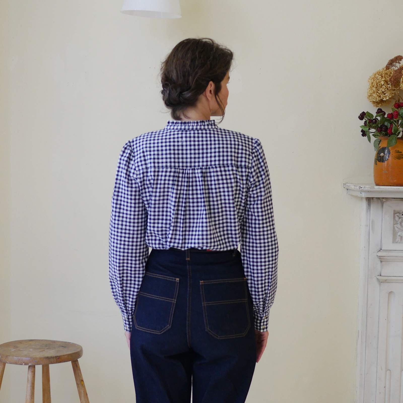 Collarless Cotton Blouse - Navy Gingham