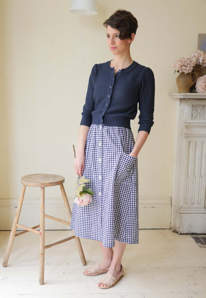High Waisted Button Skirt with pockets - Navy Gingham