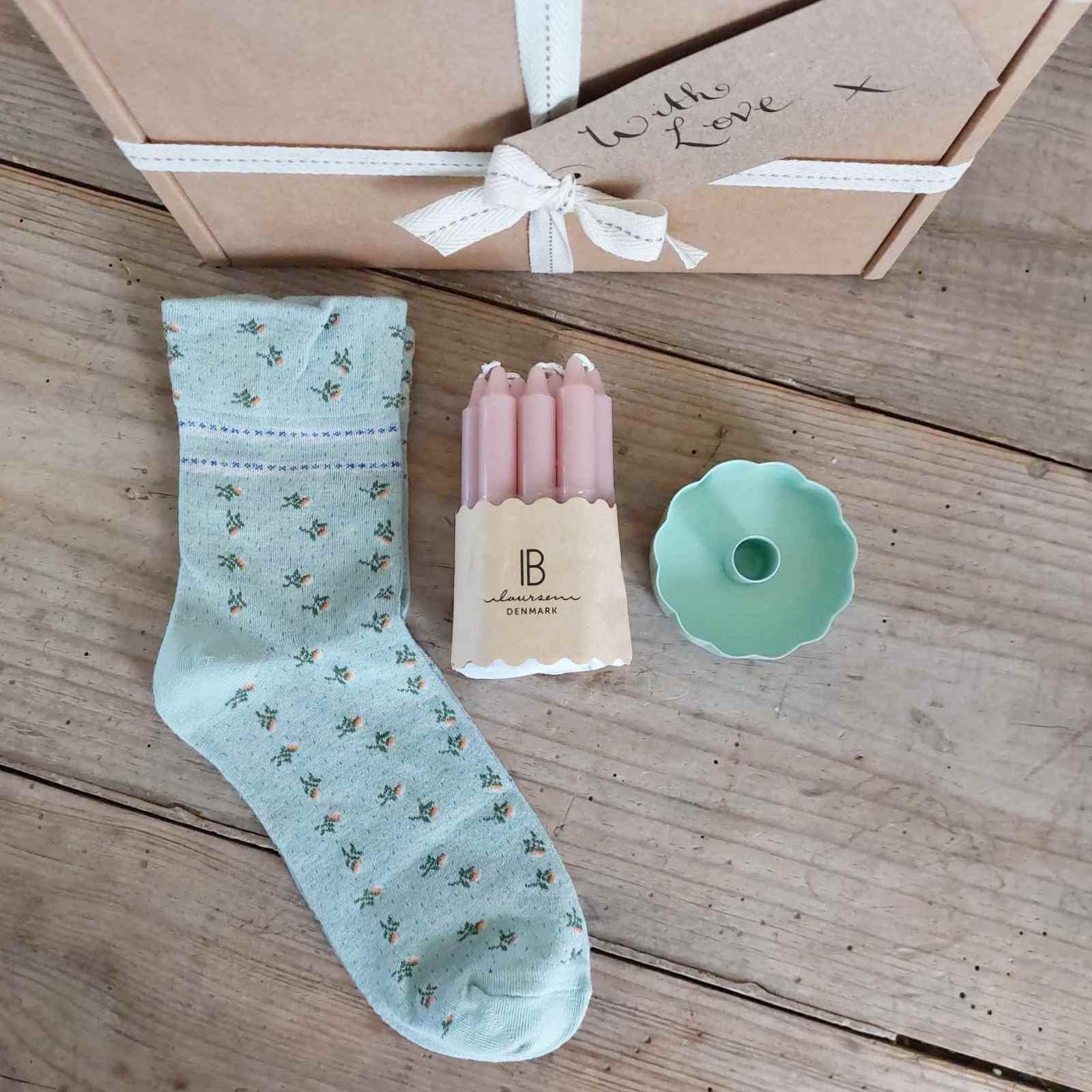 Boxed Gift - Mint Rosebud socks and candles