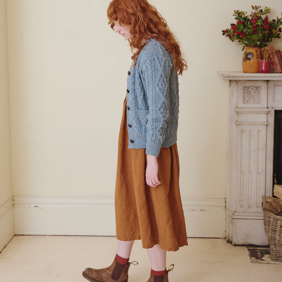 Linen Smock Dress with Aran cardigan