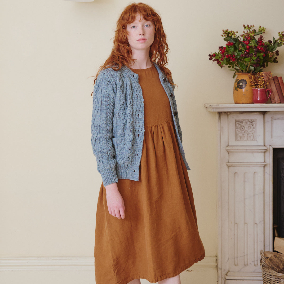 Linen Smock Dress with Aran cardigan