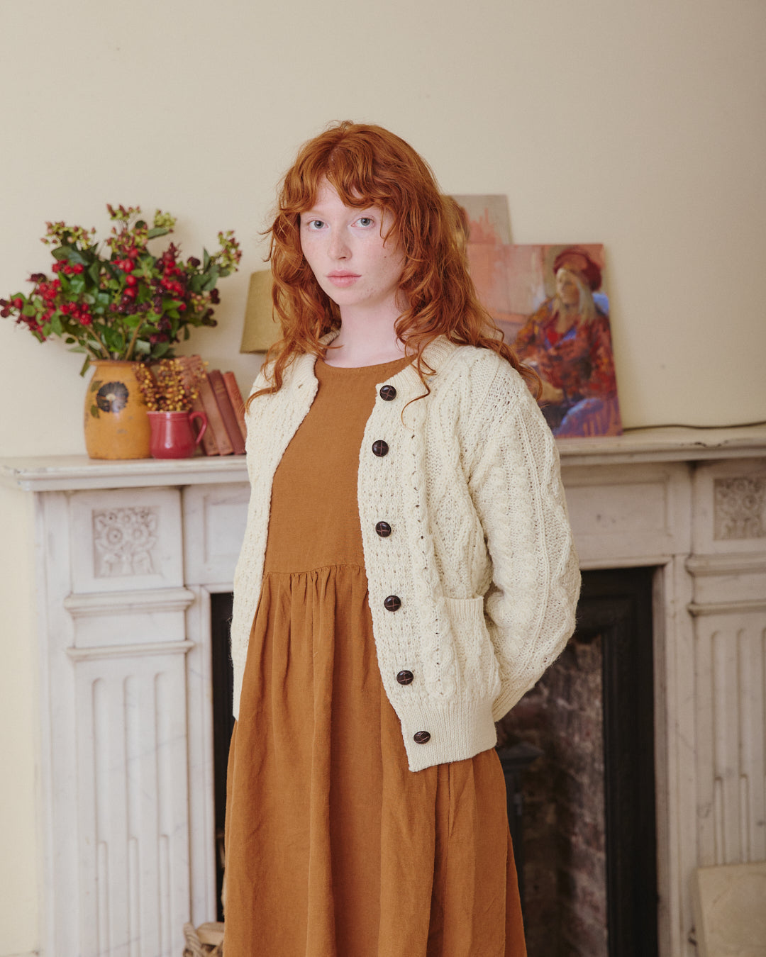 Linen Smock Dress with Aran cardigan