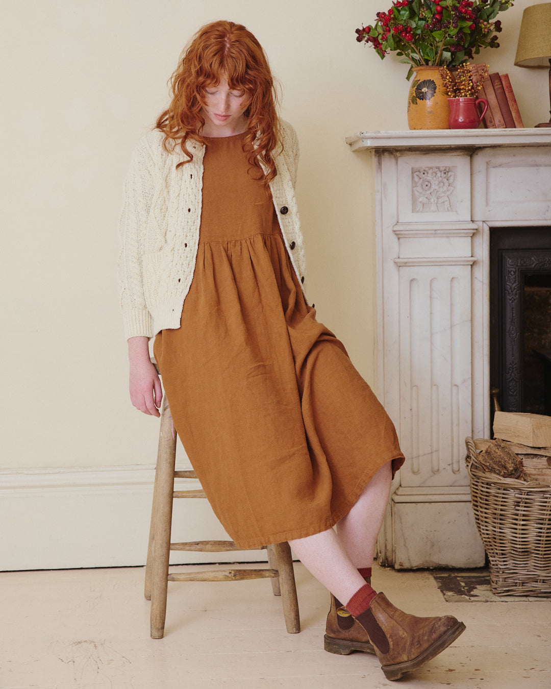 Linen Smock Dress with Aran cardigan