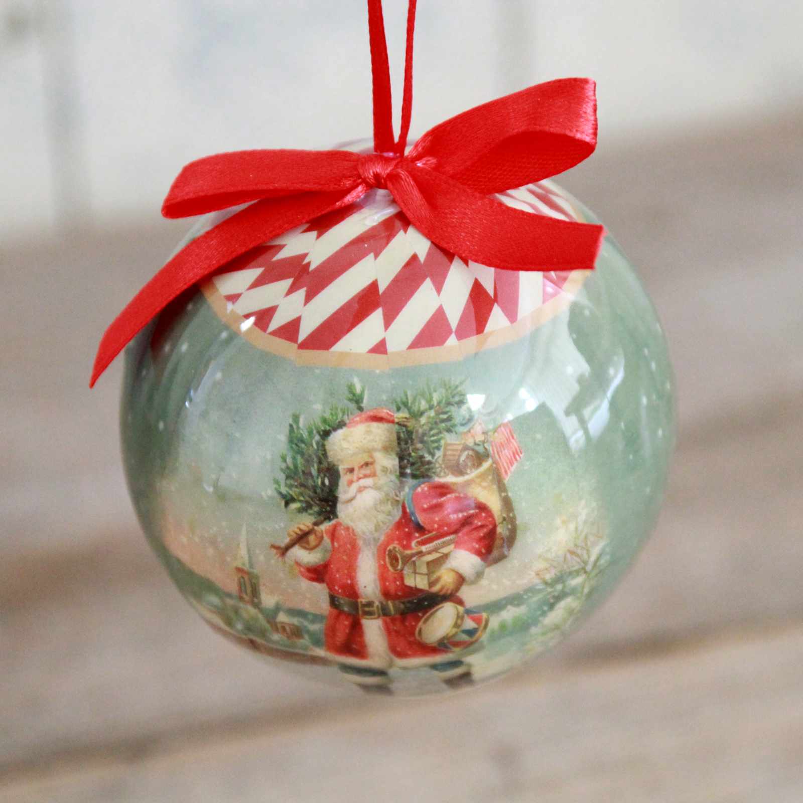 Nostalgic Santa paper bauble with red hanging ribbon