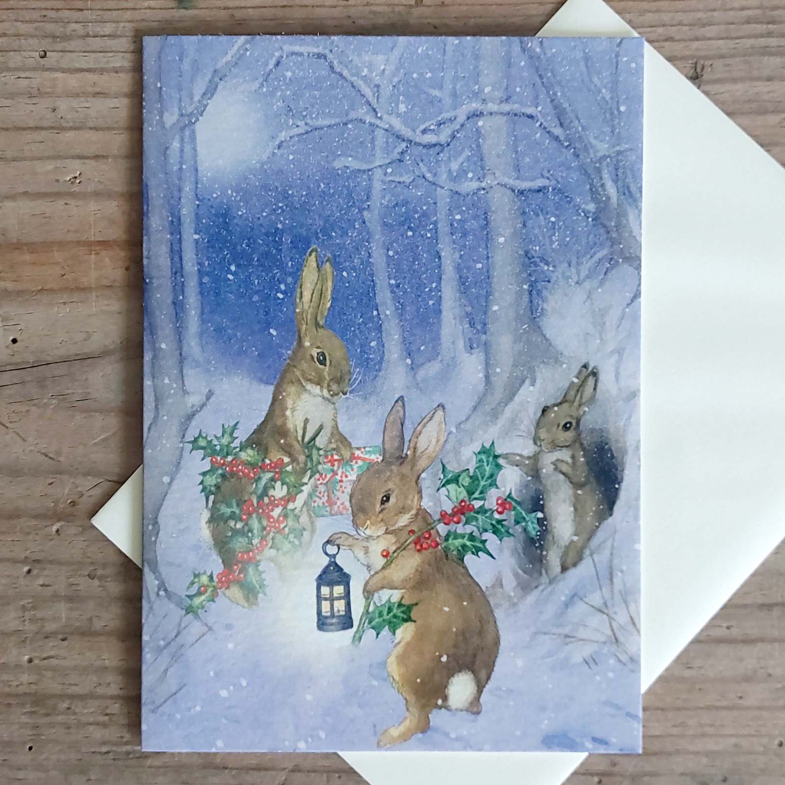 Single Vintage Christmas Card - Bunnies Christmas Gathering