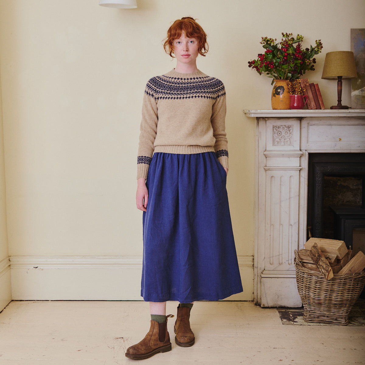 High Waisted Linen Skirt - Navy