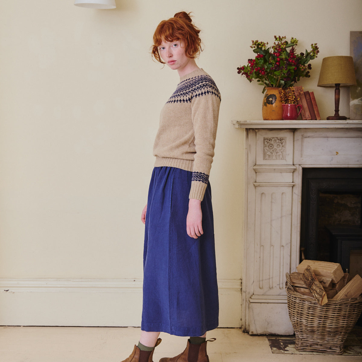 High Waisted Linen Skirt - Navy