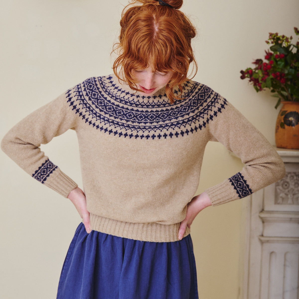 Classic Fair Isle Jumper - Pebble & Navy