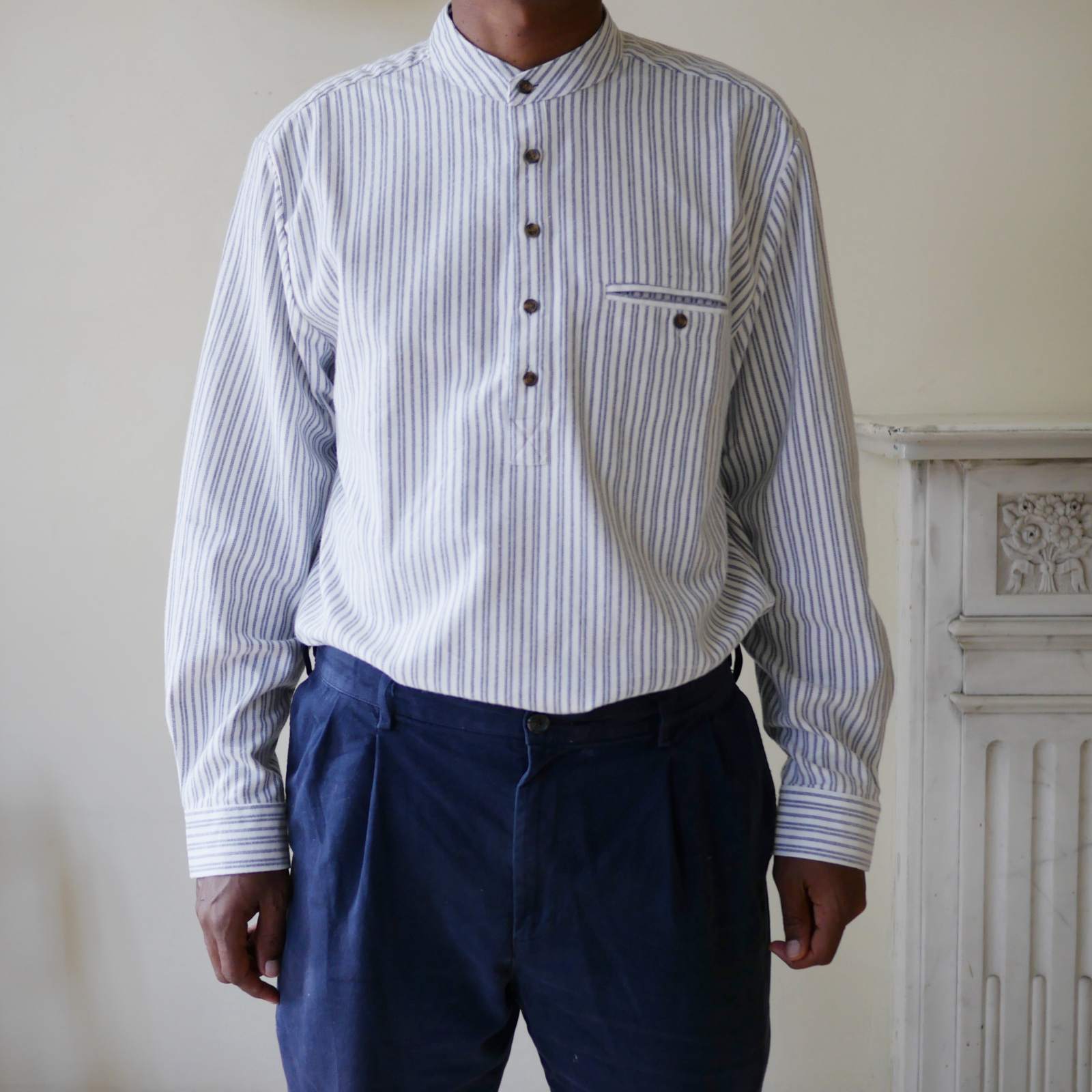 Men’s Collarless Shirt in Blue Ticking Stripe