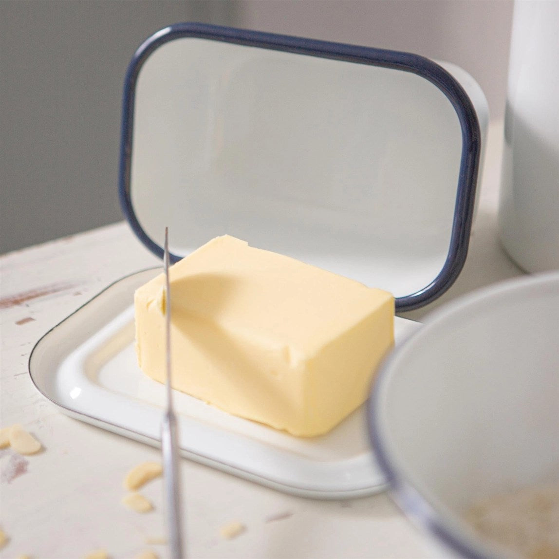 White Enamel Butter Dish with Navy Blue rim