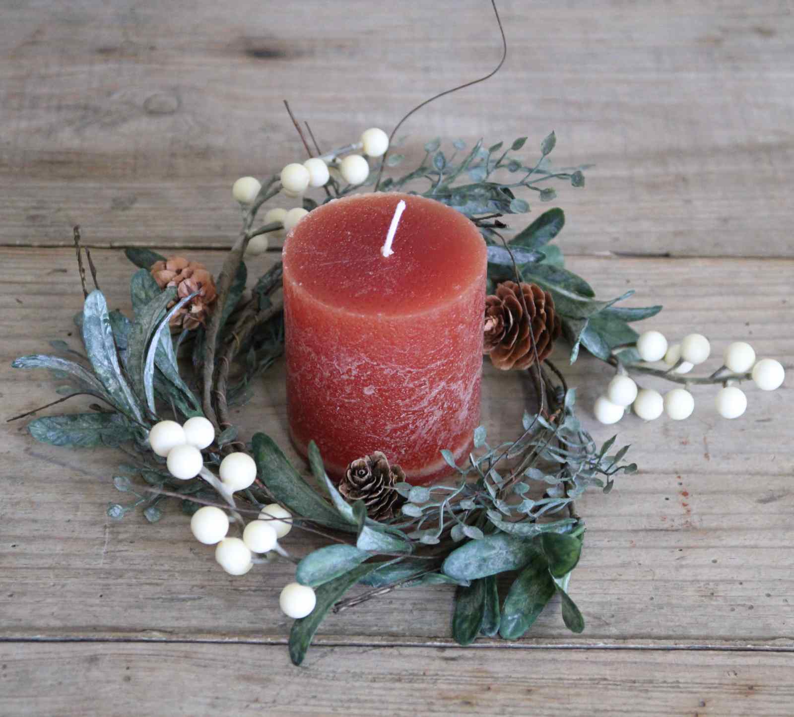 Autumn table display - White Berry Candle Ring with rust candle