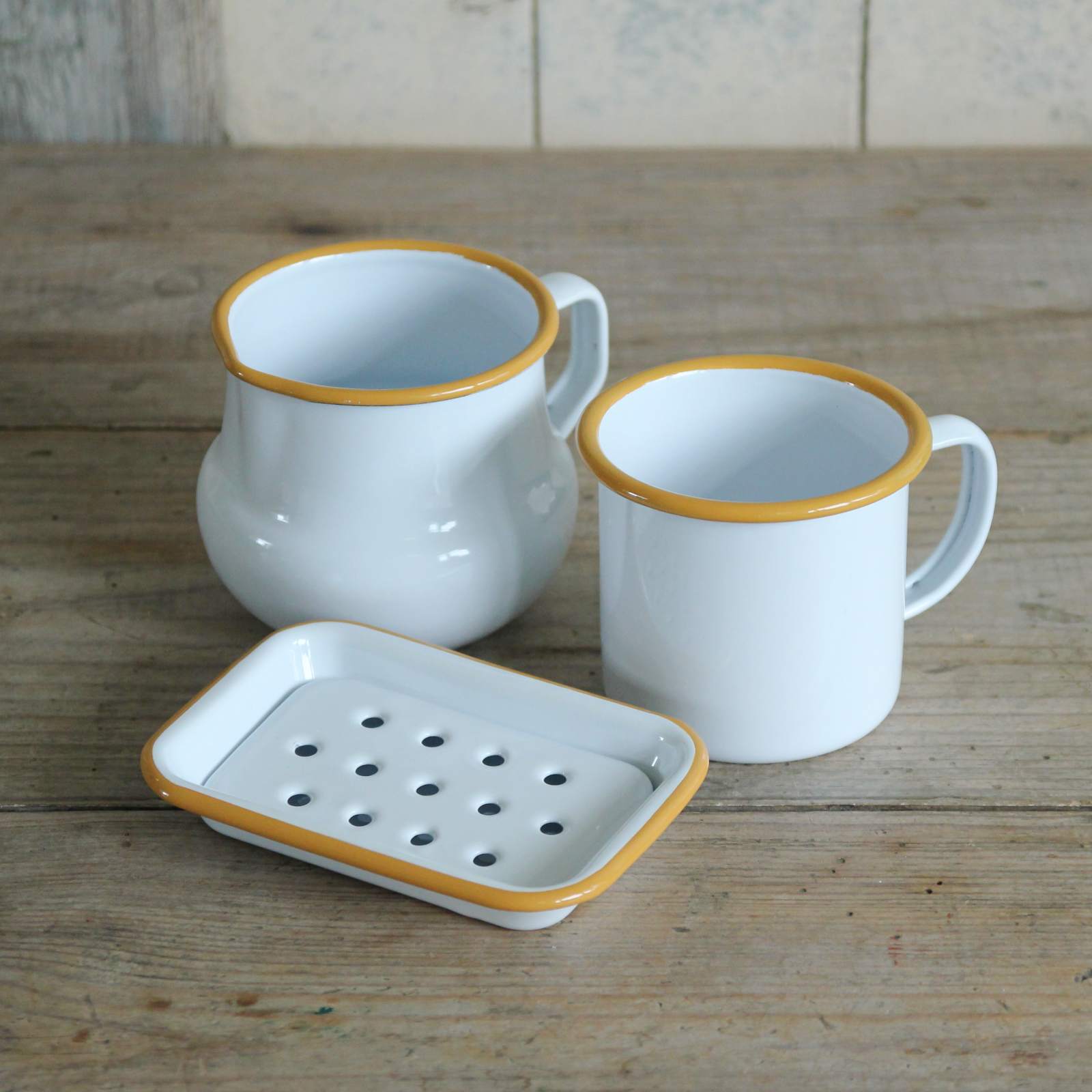 White Enamel Soap Dish - Mustard Rim