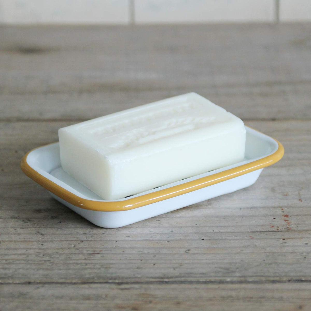 White Enamel Soap Dish - Mustard Rim | Closet & Botts