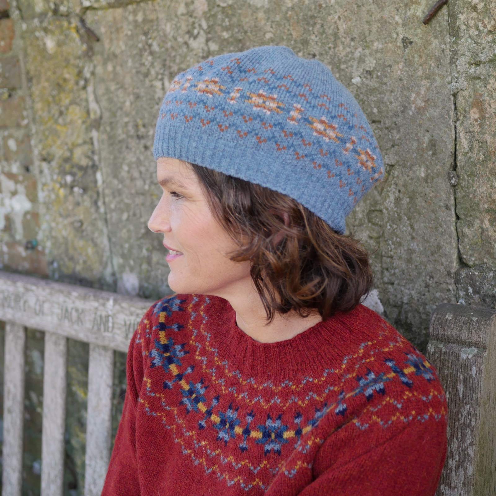 Womens fair isle jumper - Traditional Scottish Fair Isle Yoke Jumper Autumn Berry detail