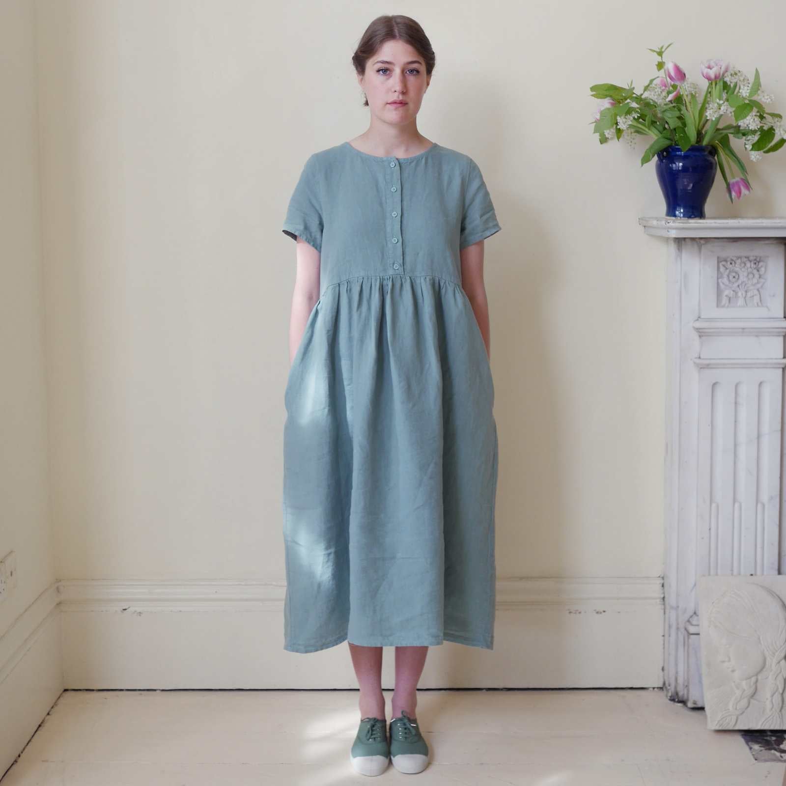 Button Down Linen Dress - Duck Egg