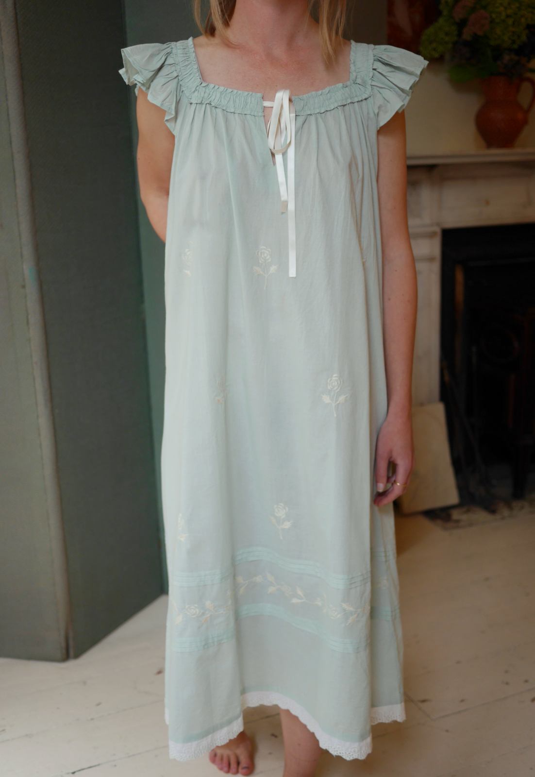 Pale Green Cotton Nightdress - Rose Embroidery