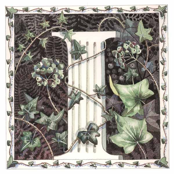 Vintage Card with Botanical Alphabet letter I